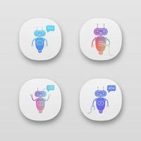 Chatbots app icons set. UI UX user interface. Talkbots. Virtual assistants. Typing, USB, question, not found chat bots. Modern robots. Web or mobile applications. Vector isolated illustrations