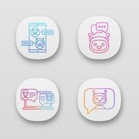 Chatbots app icons set. UI UX user interface. Virtual assistants. Messenger and chat bots. Modern robots. Smartphone and laptop chatterbots. Web or mobile applications. Vector isolated illustrations