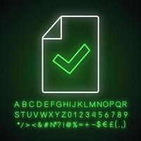 Document verification neon light icon. Test or exam successfully completed. Glowing sign with alphabet, numbers and symbols. Paper sheet with check mark. Approved. Vector isolated illustration