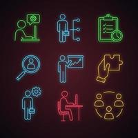 Business management neon icons set. Technical chat, employee skills, task planning, staff searching, presentation, solution, manager, office, teamwork. Glowing signs. Vector isolated illustrations