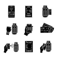 NFC payment glyph icons set. Pay with smartphone and credit card, cash receipt, POS terminal, QR code scanner, NFC smartwatch. Silhouette symbols. Vector isolated illustration