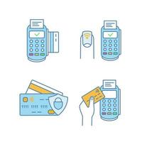 NFC payment color icons set. POS terminal, NFC manicure, credit cards. Isolated vector illustrations