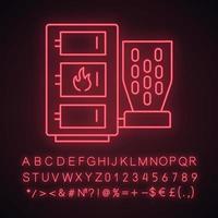 Pellet boiler neon light icon. Central heating system. Solid fuel boiler. Pellet burner system with three chambers. Glowing sign with alphabet, numbers and symbols. Vector isolated illustration