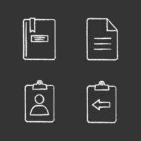 UI UX chalk icons set. Notepad, assignment Ind, file, clipboard with left arrow. Isolated vector chalkboard illustrations