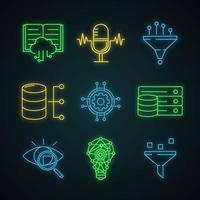 Machine learning neon light icons set. Artificial intelligence. Database. AI. Digital technology. Glowing signs. Vector isolated illustrations