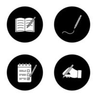 Writing with pencil glyph icons set. Copy book, drawing, to do list, hand holding pencil. Vector white silhouettes illustrations in black circles