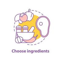 Choosing ingredients concept icon. Grocery shop idea thin line illustration. Meat, vegetables, spices. Vector isolated outline drawing