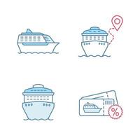 Cruise color icons set. Summer voyage. Travel agency. Cheap cruise deal, trip route, ships in front and side views. Isolated vector illustrations