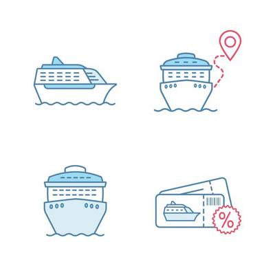 Cruise color icons set. Summer voyage. Travel agency. Cheap cruise deal, trip route, ships in front and side views. Isolated vector illustrations