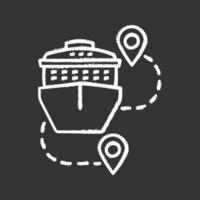 Cruise routes chalk icon. Travel destinations. Cruise liner with map pinpoints. Journey, trip route planner. Travel itinerary. Isolated vector chalkboard illustration