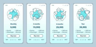 suscripción de juegos incorporando pantallas de aplicaciones móviles con precios de servicio. Plantillas de sitio web de tutorial. paga para jugar. realidad virtual, juegos de azar. planes tarifarios. diseño de página web de pago de teléfono inteligente vector