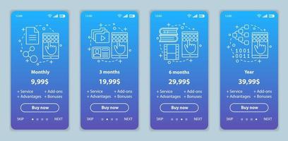 Subscription prices onboarding mobile app screens templates. Walkthrough website vector pages. Digital services costs. Tariff plans steps. Smartphone payment web page layout