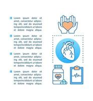 plantilla vectorial de página de artículo de cardiología. medicina y salud. tratamiento de enfermedades cardiovasculares. folleto, revista, elemento de diseño de folleto con cuadros de texto. ilustraciones conceptuales con espacio de texto vector