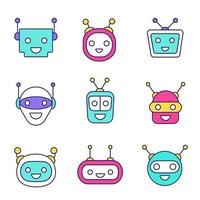 conjunto de iconos de colores de chatbots. emojis de robots modernos. risa, feliz chat bot smileys. asistentes virtuales. ilustraciones de vectores aislados