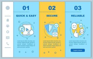 Digital service onboarding mobile web pages vector template. Quick and easy, secure, reliable software. Responsive smartphone website interface. Webpage walkthrough step screens. Color concept