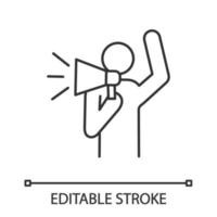 Protester linear icon. Protest individual action. Thin line illustration. Breaking news. Protest speech. Man shouting slogan. Person holding megaphone. Vector isolated outline drawing. Editable stroke