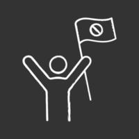 Protester chalk icon. Protest event. Social or political movement. Person holding protest flag. Contentious action. Isolated vector chalkboard illustration