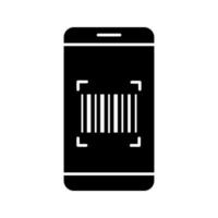 Barcode scanning app glyph icon. Smartphone reading linear barcode. One dimensional code scanner. Silhouette symbol. Negative space. Vector isolated illustration