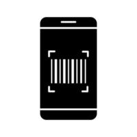 Barcode scanning app glyph icon. Smartphone reading linear barcode. One dimensional code scanner. Silhouette symbol. Negative space. Vector isolated illustration