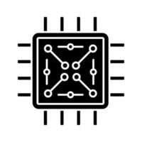 Processor with electronic circuits glyph icon. Microprocessor with microcircuits. Chip, microchip, chipset. CPU. Integrated circuit. Silhouette symbol. Negative space. Vector isolated illustration