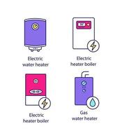 Heating color icons set. Central heating system. Electric and gas water heater and heating boilers. Isolated vector illustrations