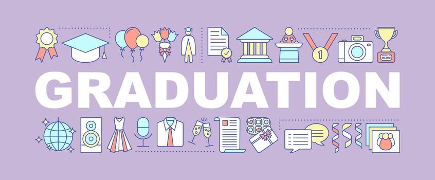 Graduation ceremony word concepts banner. Receiving academic degree. Diploma awarding. Graduation party. Isolated lettering typography idea with linear icons. Vector outline illustration