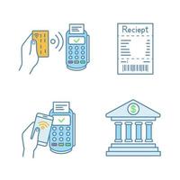 NFC payment color icons set. POS terminal, cash receipt, pay with smartphone, online banking. Isolated vector illustrations