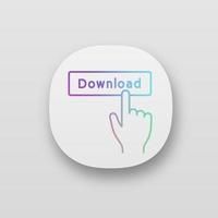 Download button click app icon. UI UX user interface. Data receiving. Hand pressing button. Download app. Web or mobile application. Vector isolated illustration