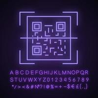 QR code scanner neon light icon. Quick response code. Matrix barcode scanning app. Glowing sign with alphabet, numbers and symbols. Vector isolated illustration