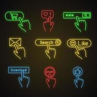 Click buttons neon light icons. Buy, likes counter, search bar, message, like, download, start, thumb up. Glowing signs. Vector isolated illustrations