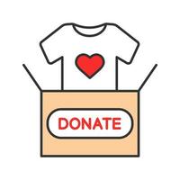 Clothes donating color icon. Donation box with t-shirt. Used clothes. Charity. Isolated vector illustration