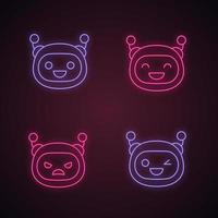 Robot emojis neon light icons set. Chatbot emoticons. Laughing, happy, angry, winky chat bot smileys. Artificial intelligence. Virtual assistant. Glowing signs. Vector isolated illustrations