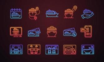 Cruise neon light icons set. Services, tickets booking and buying, ships, destinations. Summer voyage. Shore excursions, tours and travel agency. Glowing signs. Vector isolated illustrations