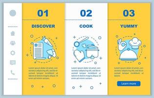 Cooking food onboarding mobile web pages vector template. Discover recipes, meal preparation, yummy. Responsive smartphone website interface. Webpage walkthrough step screens. Color concept