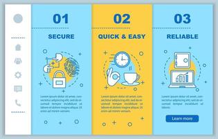 Digital service onboarding mobile web pages vector template. Quick and easy, secure, reliable software. Responsive smartphone website interface. Webpage walkthrough step screens. Color concept
