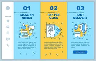 Online shopping onboarding mobile web pages vector template. Digital purchase. Place an order, payment click, fast delivery. Responsive smartphone website interface. Webpage walkthrough step screens