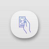 Hand holding cash receipt app icon. Paper check. Bill. UI UX user interface. Web or mobile application. Vector isolated illustration