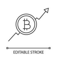 Bitcoin market growth chart linear icon. Cryptocurrency prices rising. Contour symbol. Statistics diagram with bitcoin sign. Thin line illustration. Vector isolated outline drawing. Editable stroke