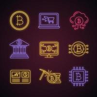 conjunto de iconos de luz de neón de criptomoneda bitcoin. moneda, compras en línea, minería en la nube, banca, página web de bitcoin, hashrate, minería de cpu, criptomoneda. signos brillantes. Ilustraciones de vectores aislados