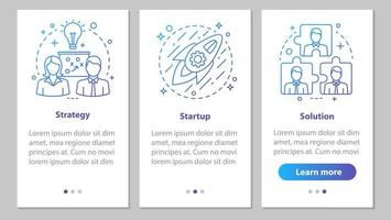 pantalla de la página de la aplicación móvil de incorporación de desarrollo empresarial con conceptos lineales. cooperación e interacción. estrategia, inicio, pasos de solución instrucciones gráficas. Ilustraciones de vectores ux, ui, gui
