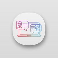 Support chatbot app icon. UI UX user interface. Messenger bot. Virtual assistant. Modern robot. Man chatting with bot on laptop. Web or mobile application. Vector isolated illustration