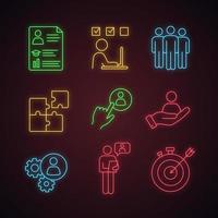 Business management neon light icons set. Resume, task solving, team, solution, staff hiring button, smart goal, online interview, teamwork, person in hand. Glowing signs. Vector isolated illustration