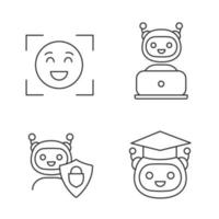 Machine learning linear icons set. Emotion detection, chatbot, secured chat bot, teacher robot. Thin line contour symbols. Isolated vector outline illustrations. Editable stroke