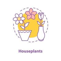 Houseplants concept icon. Flowers idea thin line illustration. Rose in vase, plumeria, crocus in flower pot. Vector isolated outline drawing