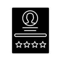 Customer review glyph icon. User profile, resume rating. Feedback. Seller rating. Silhouette symbol. Negative space. Vector isolated illustration