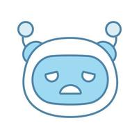 Sad robot emoji color icon. Upset chatbot smiley. Chat bot emoticon. Artificial conversational entity. Virtual assistant. Artificial intelligence. Isolated vector illustration