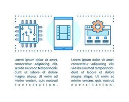 Digital technology concept linear illustration. Software. Mobile apps, internet browser. Smartphone camera. Article, brochure, magazine page layout with text boxes. Print design. Vector drawing