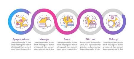 Plantilla de infografía vectorial de servicios de salón de spa. procedimientos de spa, sauna, masajes, cuidado de la piel, maquillaje. visualización de datos con cinco pasos y opciones. gráfico de línea de tiempo del proceso. diseño de flujo de trabajo vector