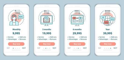 aprendizaje de idiomas incorporación de pantallas de aplicaciones móviles con precios de servicio. Plantillas de páginas de sitios web de recorrido. Los cursos de idiomas en línea cuestan pasos. planes tarifarios. diseño de página web de pago de teléfono inteligente vector