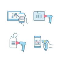 Barcodes color icons set. Smartphone bar code scanning, delivery barcode scanning, hang tag, handheld qr code scanner. Isolated vector illustrations
